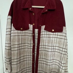 Burgundy and Plaid Button-Up Jacket